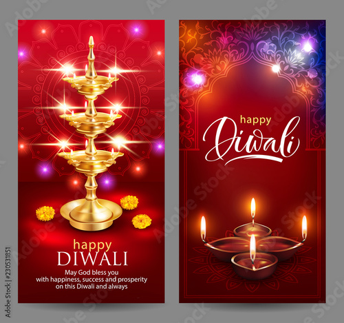 Banners with greeting for Hindu festival of lights Diwali. Vector set. 