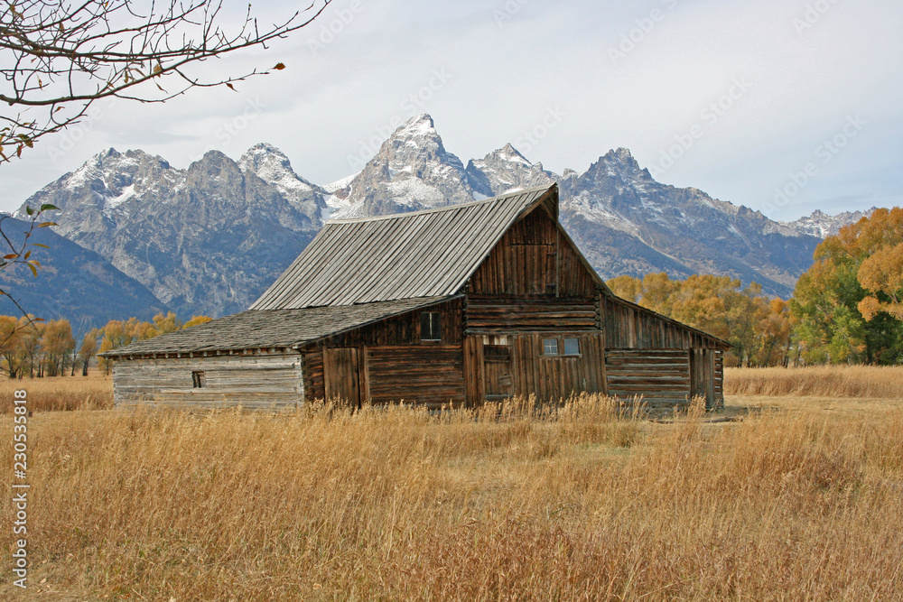 Wooden barn and Teton Range, Wyoming