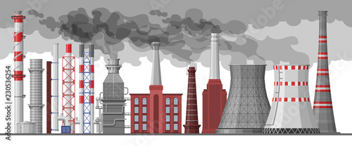 Industry factory vector industrial chimney pollution with smoke in environment illustration set of chimneyed pipe factory with toxic air cityscape on white background