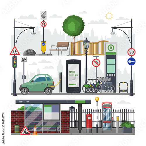 City isometric vector urban cityscape with bus stop traffic lighter car in downcity street illustration set of transport and road in town isolated on white background
