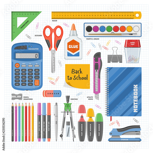 Office supply vector stationery school tools icons and accessories of education assortment pencil marker pen calculator illustration set isolated on white background