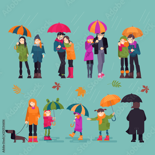 People in rain vector man woman characters holding umbrella walking with kids dog in autumn rainy weather with leaves illustration set of lovely couple outdoor in the fall isolated on background