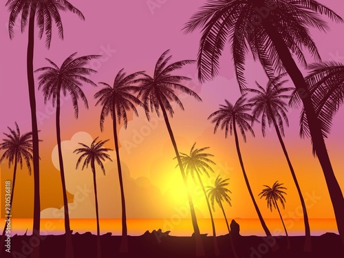 Row of tropic palm trees against sunset sky. Silhouette of tall palm trees. Tropic evening landscape. Gradient color. Vector illustration. EPS 10 © evrimdoga
