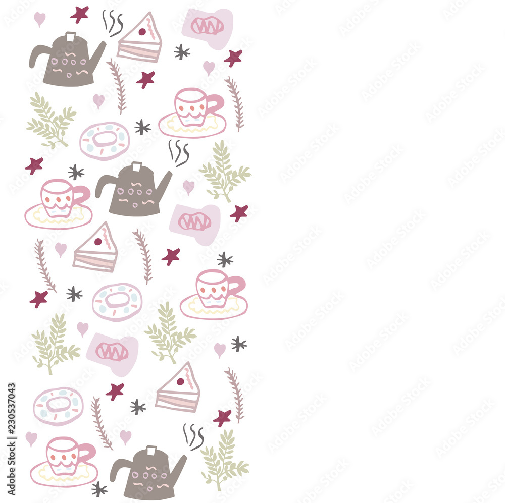 Vector illustration of tea time set. Tea time design on white background with tea cup, tea pot, cake, donut. Design for poster, card, logo, postcard.