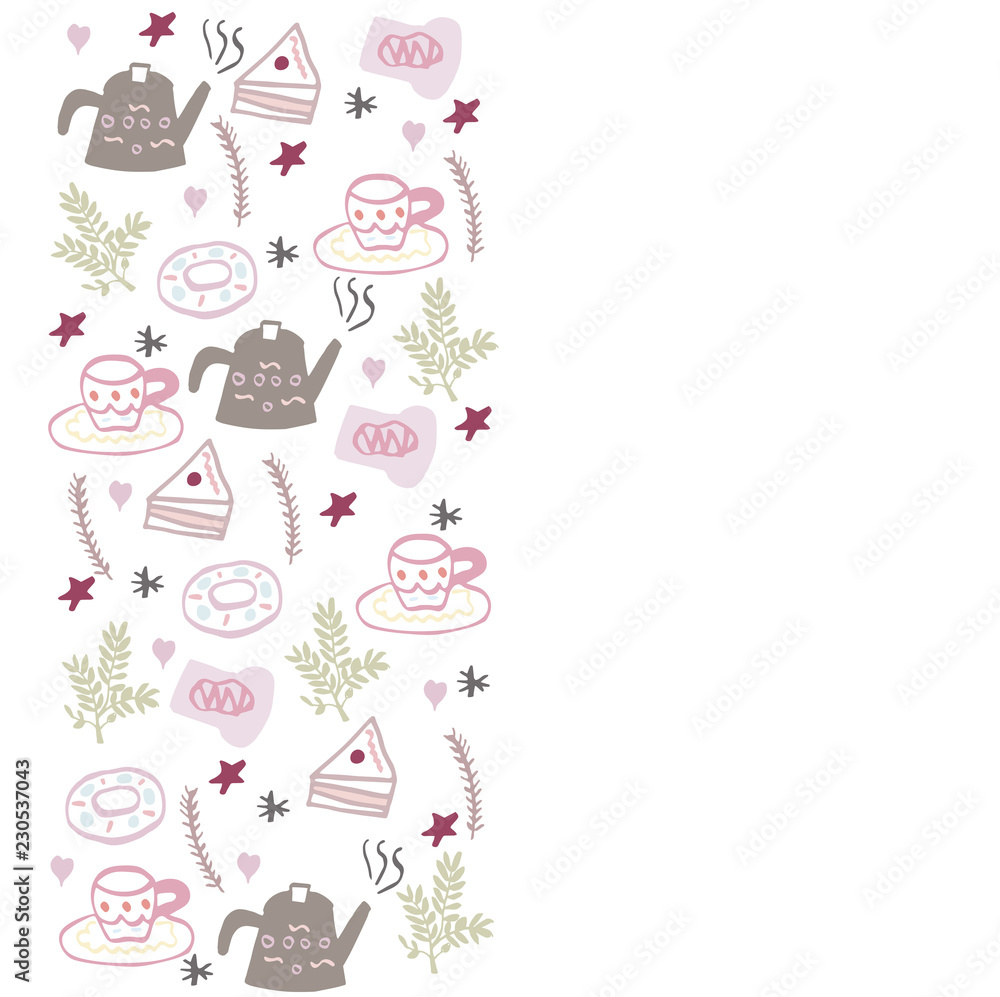 Vector illustration of tea time set. Tea time design on white background with tea cup, tea pot, cake, donut. Design for poster, card, logo, postcard. Vector illustration of tea time set. Tea time design on white background with tea cup, tea pot, cake, donut. Design for poster, card, logo, postcard.