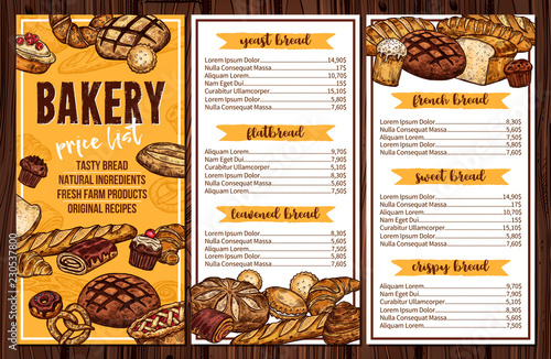 Bread, pastry and bakery vector menu