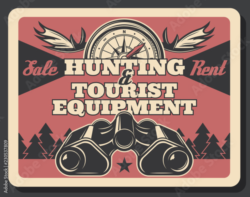 Hunting equipment, tourist binoculars and compass