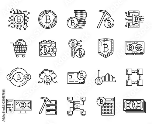 Cryptocurrency, bitcoin mining, blockchain icons