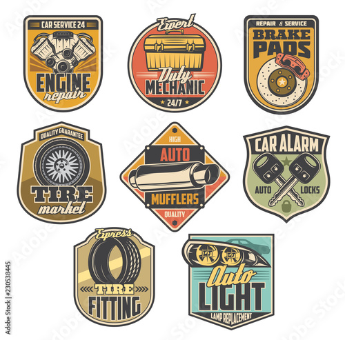 Car repair service icons, auto tools and parts