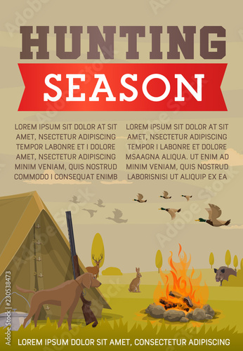 Hunter gun, dog and animals. Hunting season