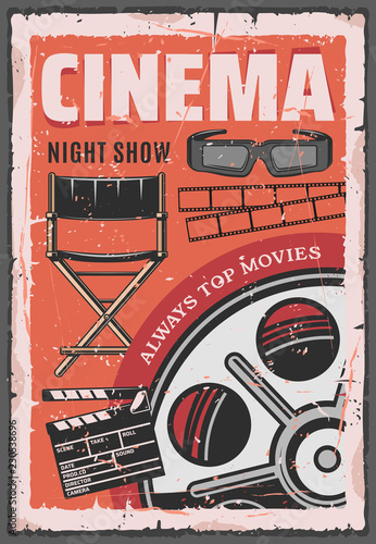 Cinema night movie, film reel, 3d glasses