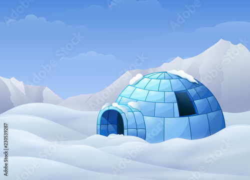 Cartoon of Igloo with mountains in winter illustration