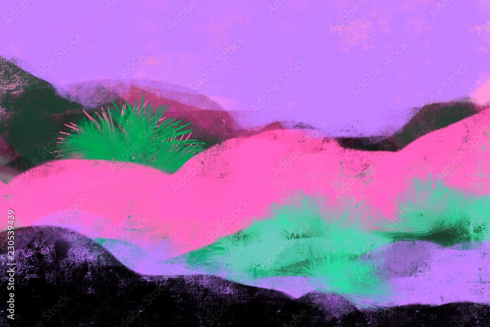 Obraz premium Abstract Landscape with bold colors, forms, tree, mountains, in modern colors