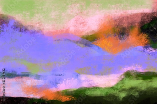 Abstract Landscape with bold colors, forms, tree, mountains, in modern colors © kalanustudios.com