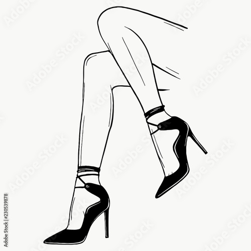 Vector girls in high heels. Fashion illustration. Female legs in shoes. Cute design. Trendy picture in vogue style. Fashionable women. Stylish ladies.