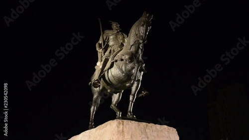 Tirana city centre, Skanderbeg square by night. Skanderbeg statue in Tirane. Sheshi Skenderbej photo