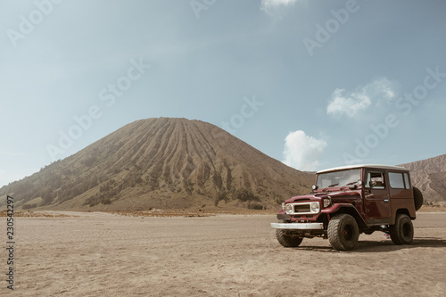 4x4 car service for tourist on desert at Bromo Mountain, Mount Bromo is one of the most visited tourist attractions in Java, Indonesia