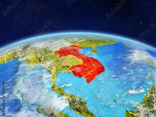 Indochina on planet Earth with country borders and highly detailed planet surface and clouds.