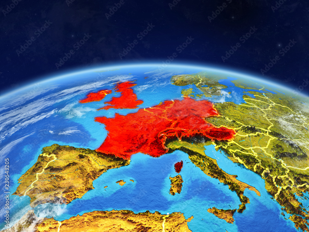 Western Europe on planet Earth with country borders and highly detailed planet surface and clouds.