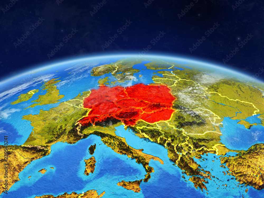 Central Europe on planet Earth with country borders and highly detailed planet surface and clouds.