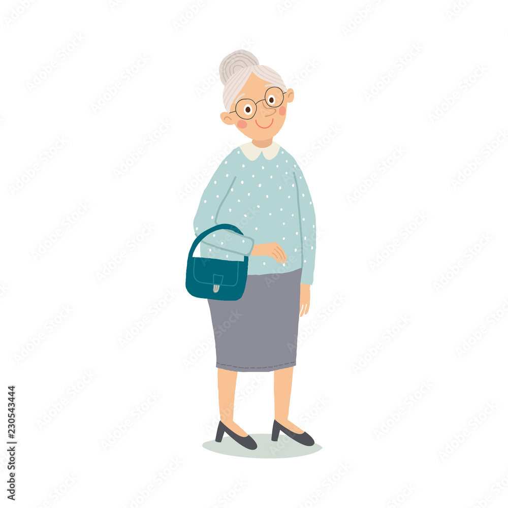 Elegant old woman cartoon character. Stylish ageless lady with glasses and  handbag. Cartoon vector hand drawn eps 10 illustration isolated on white  background in a flat style. Stock Vector | Adobe Stock