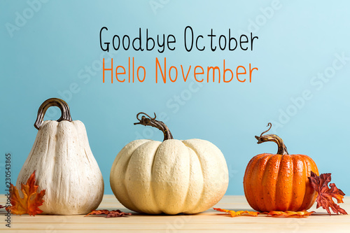 Goodbye October Hello November message with pumpkins on a blue background