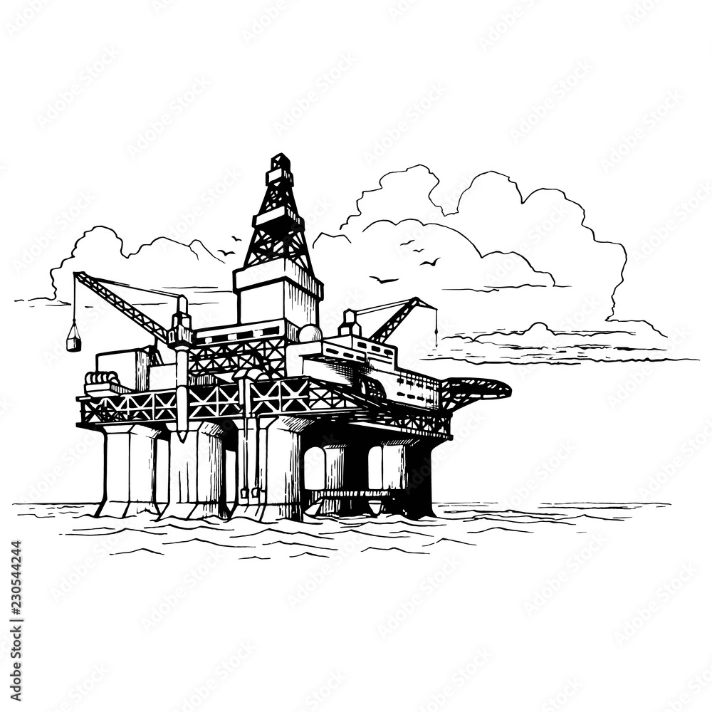 Offshore oil drilling platform Sketch style drawing isolated on a