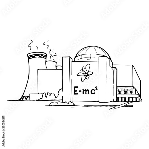 Nuclear power station as an example of relatively clean but potentially risky way of generating electricity. Sketch style drawing isolated on a white background. EPS10 vector illustration