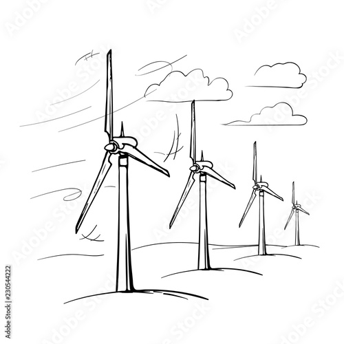 Wind farm is a series of wind generators set in the area to provide people with renewable green energy. Sketch style drawing isolated on a white background. EPS10 vector illustration