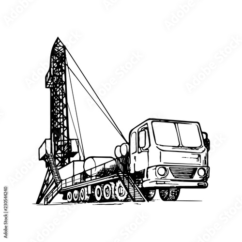 Mobile oil drilling complex. Sketch style drawing isolated on a white background. EPS10 vector illustration