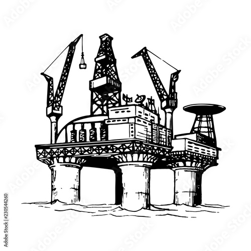 Offshore oil drilling platform. Sketch style drawing isolated on a white background. EPS10 vector illustration