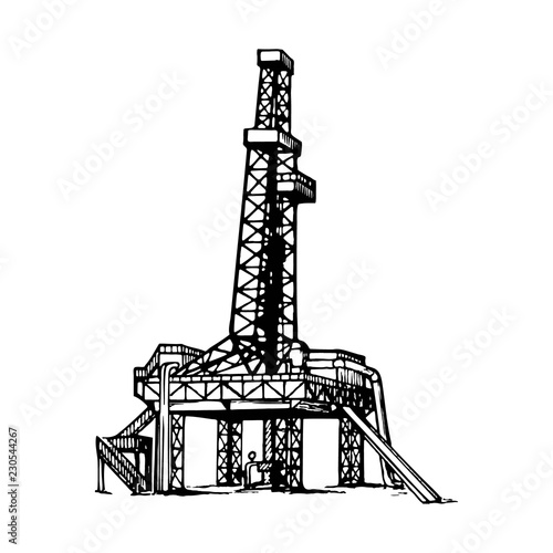 land oil drilling complex also called oil rig. Sketch style drawing isolated on a white background. EPS10 vector illustration