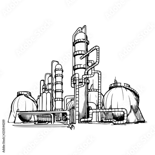 OIl production plant. Sketch style drawing isolated on a white background. EPS10 vector illustration
