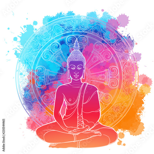 Buddha meditating in the single lotus position. linear drawing Isolated on a bright textured watercolor spot with an intricate thai ornament. Textile print, yoga background. Tattoo design. EPS10