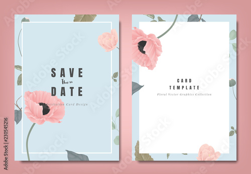 Fototapeta Naklejka Na Ścianę i Meble -  Botanical wedding invitation card template design, pink poppy flowers and leaves on blue background, minimalist vintage style