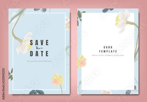 Botanical wedding invitation card template design, yellow and white daffodil flowers and leaves on blue background, minimalist vintage style