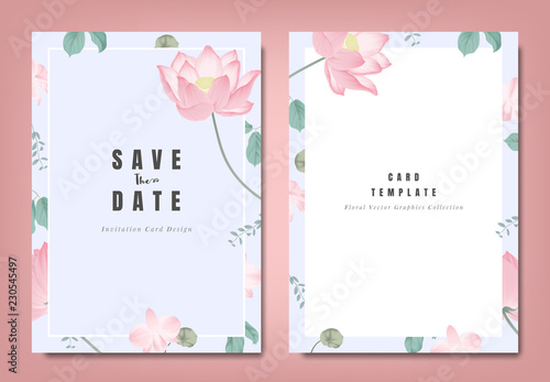 Botanical wedding invitation card template design, pink lotus flowers and leaves on light blue background, minimalist vintage style