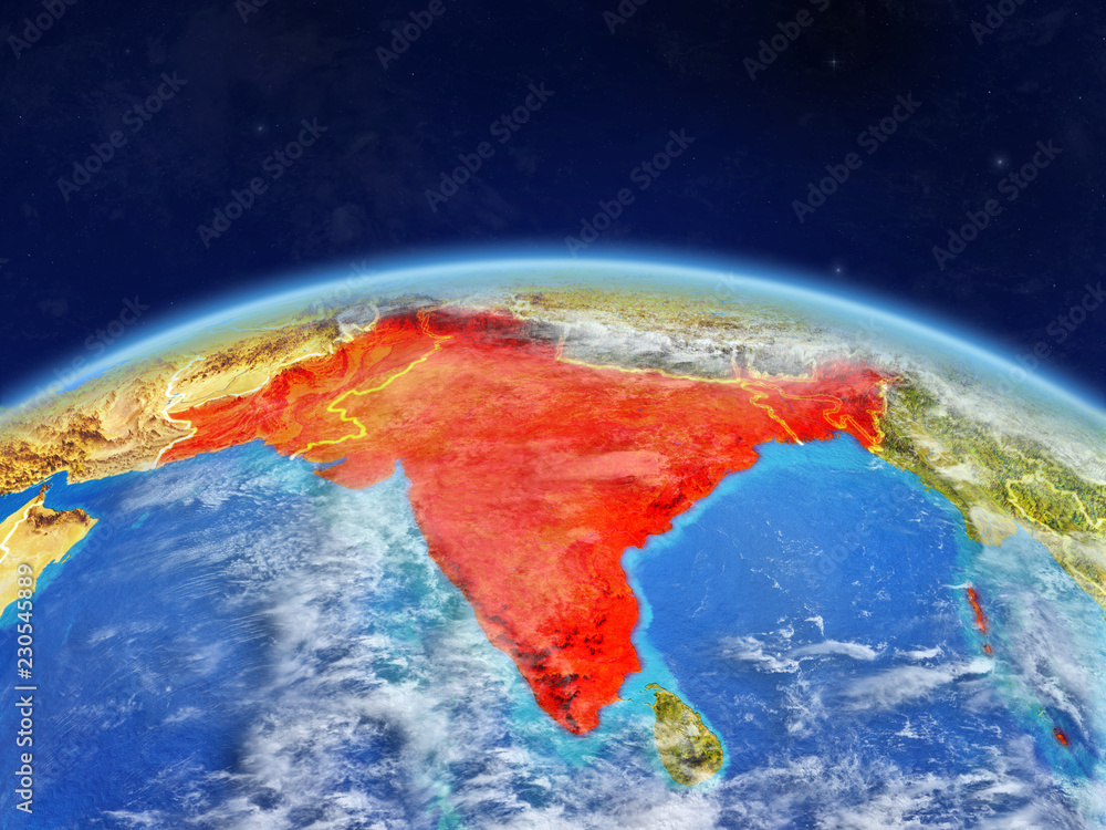 British India on planet Earth with country borders and highly detailed planet surface and clouds.