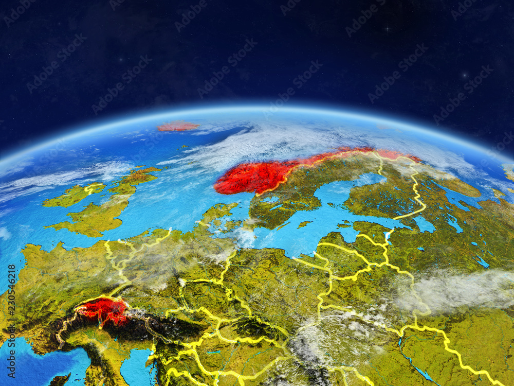 EFTA countries on planet Earth with country borders and highly detailed planet surface and clouds.