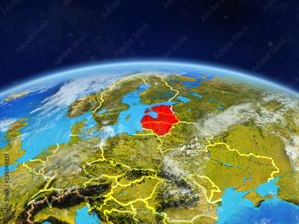 Baltic States on planet Earth with country borders and highly detailed planet surface and clouds.