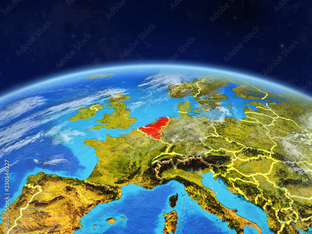 Benelux Union on planet Earth with country borders and highly detailed planet surface and clouds.