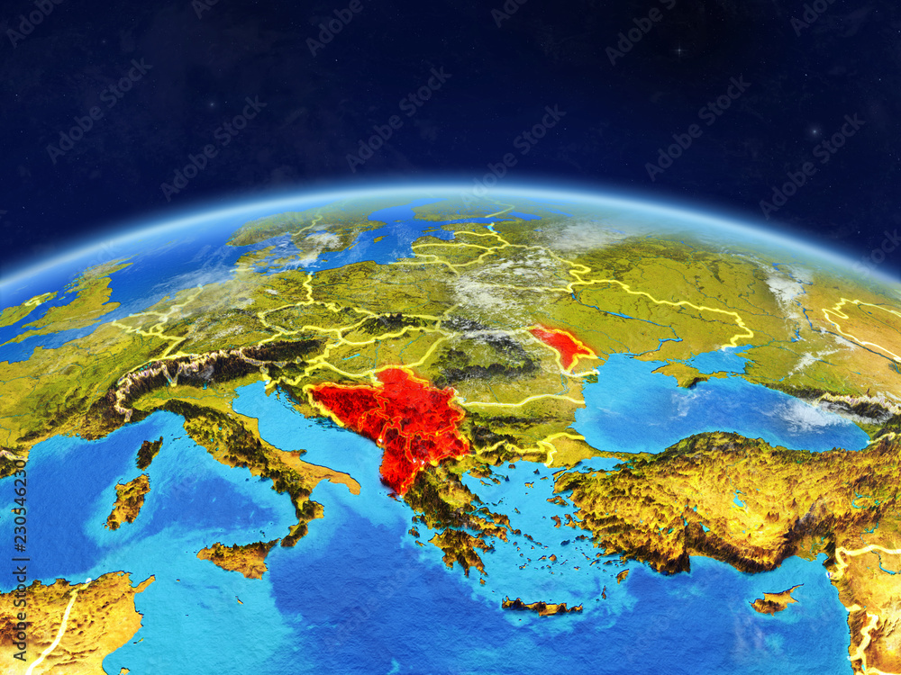 CEFTA countries on planet Earth with country borders and highly detailed planet surface and clouds.