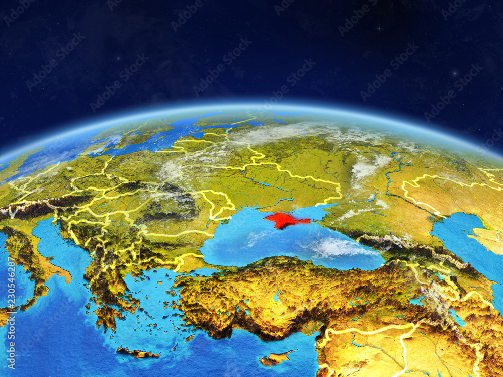 Crimea on planet Earth with country borders and highly detailed planet surface and clouds.