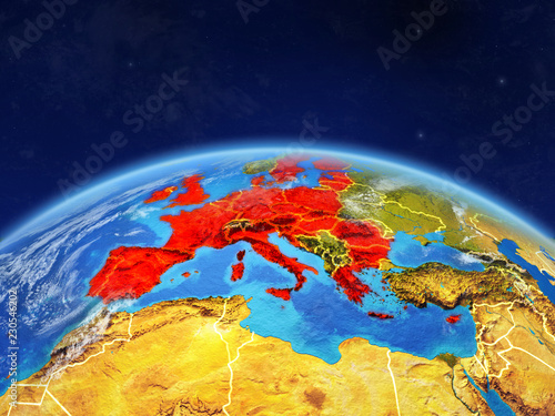European Union on planet Earth with country borders and highly detailed planet surface and clouds.