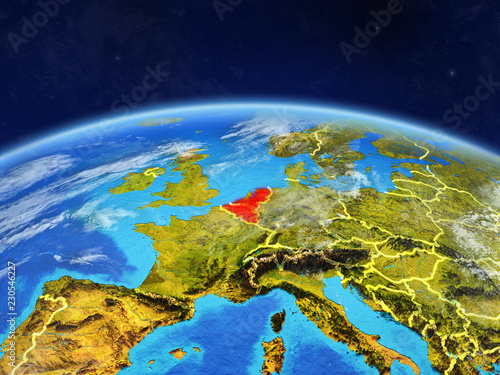 Fototapeta Naklejka Na Ścianę i Meble -  Benelux Union on planet Earth with country borders and highly detailed planet surface and clouds.