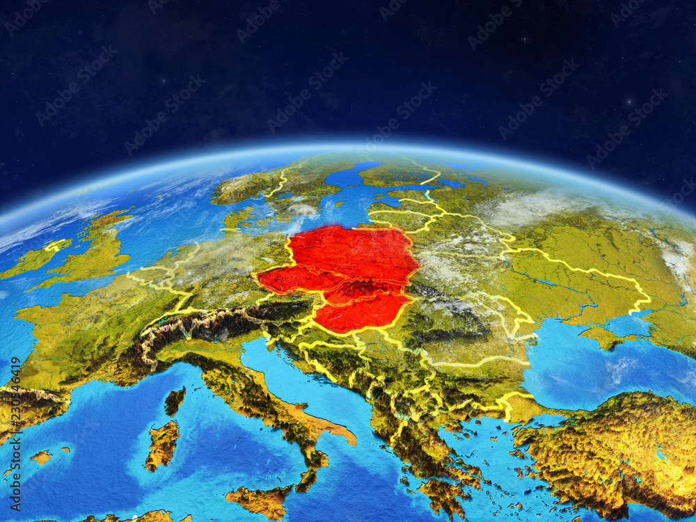 Visegrad Group on planet Earth with country borders and highly detailed planet surface and clouds.