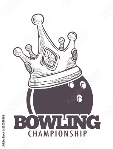 Bowling league poster with ball and skittle monochrome sketch outline vector.