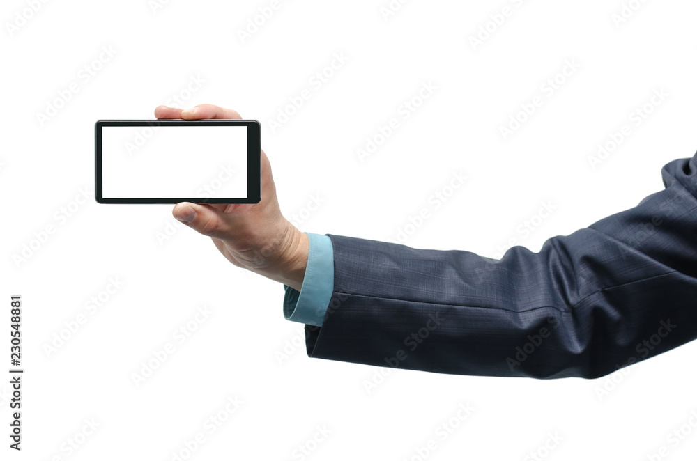 Mobile phone with blank screen in the businessman hand isolated on the white background. Mobile phone with blank screen in the businessman hand isolated on the white background.