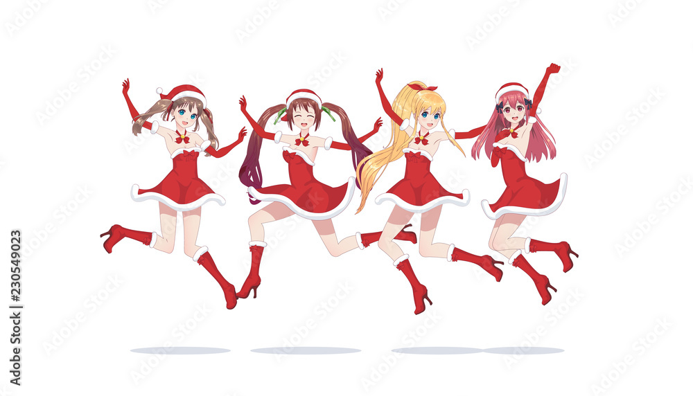 Obraz premium Joyful anime manga girls as Santa Claus in a jump