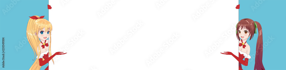 Fototapeta premium Two anime manga woman looks out from behind poster